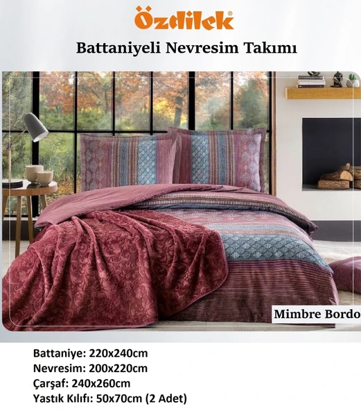 Özdilek Trendy Battaniyeli Çift Kişilik Nevresim Takımı-Mimbre Bordo - 2