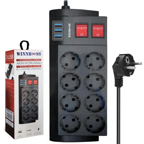 WINNBOSS WN-3411 8Li Akım Korumalı Priz 2 Metre Anahtarlı 16A 4000 Watt 3XUSB