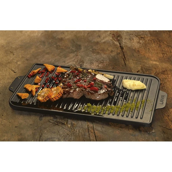 Lava Döküm Griddle Bir Tarafı Düz Diğer Tarafı Izgara Yüzeyli Metal Kulplu Ölçü 26x47cm - 5