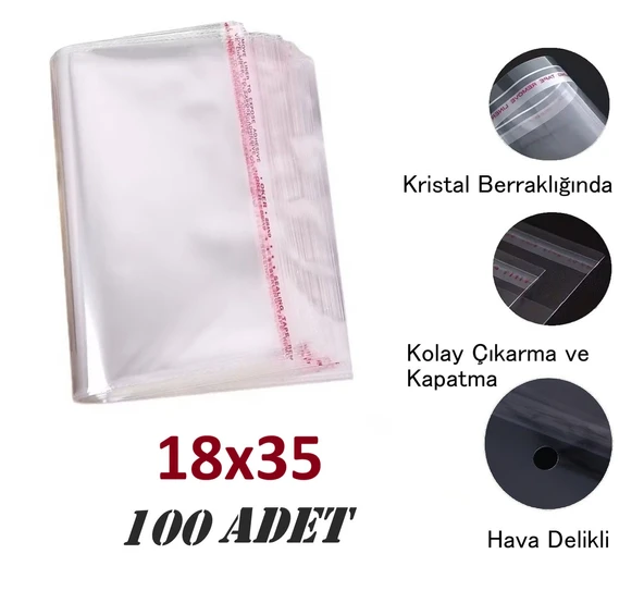 100 Adet (18X30+5) Opp Jelatin Bantlı Yapışkanlı Naylon Poşet ürün görseli 1