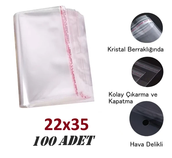 100 Adet (22X30+5) Opp Jelatin Bantlı Yapışkanlı Naylon Poşet ürün görseli 1