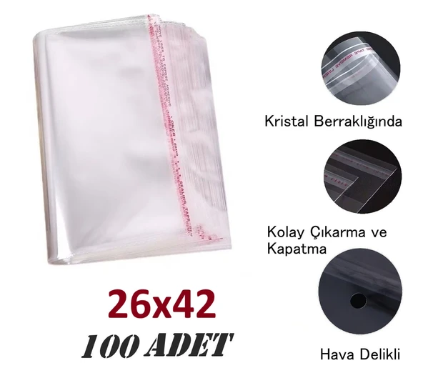 100 Adet (26X37+5) Opp Jelatin Bantlı Yapışkanlı Naylon Poşet ürün görseli 1