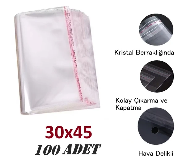 100 Adet (30X40+5) Opp Jelatin Bantlı Yapışkanlı Naylon Poşet ürün görseli 1