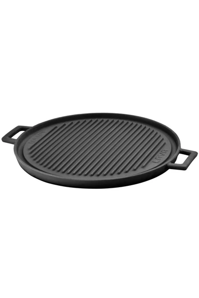 Lava Döküm Yuvarlak Griddle Bir Tarafı Düz Diğer Tarafı Izgara Yüzeyli Metal Kulplu Çap 34cm - 3