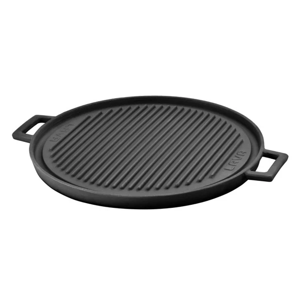 Lava Döküm Yuvarlak Griddle Bir Tarafı Düz Diğer Tarafı Izgara Yüzeyli Metal Kulplu Çap 34cm