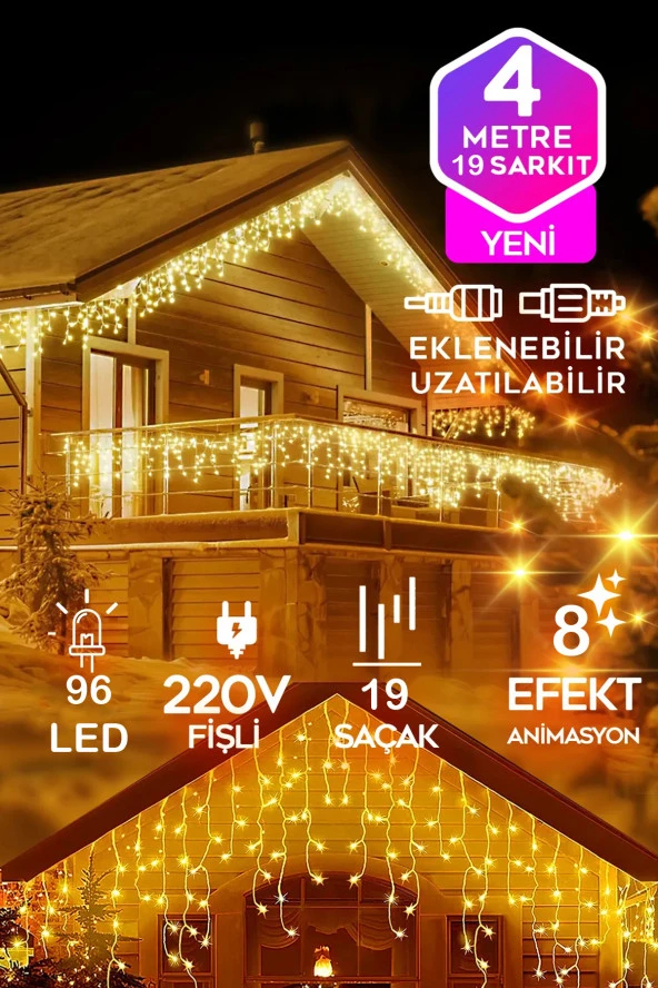 Uzatılabilen 420 Cm Perde Çatı Merdiven Led Gün ışığı Renk 19 Sarkıt 96 Adet Led