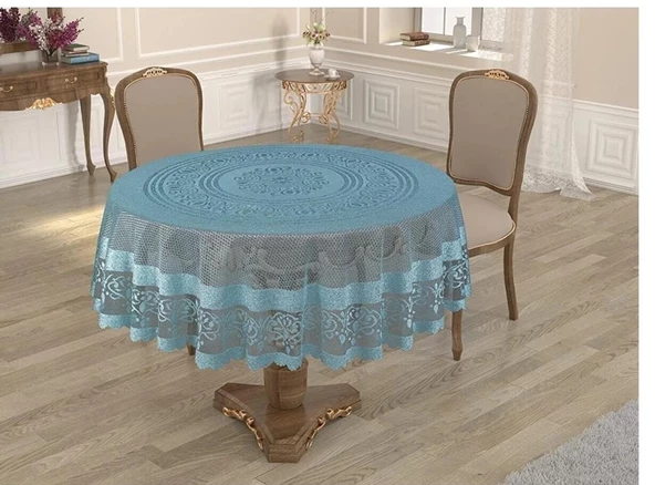 Bella Raşel Örme Tül Osmanlı Desen Yuvarlak Masa Örtüsü Mavi