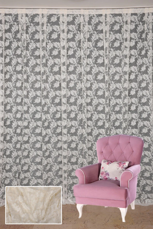 YAPRAK MODEL TÜL KREM RENK TEK KANAT Hazır Pileli Fon Perde 300*260 - Resim 2