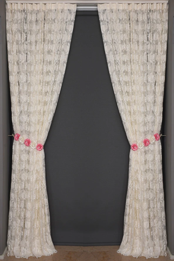 YAPRAK MODEL TÜL KREM RENK TEK KANAT Hazır Pileli Fon Perde 300*260 - Resim 7