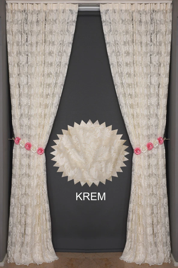 YAPRAK MODEL TÜL KREM RENK TEK KANAT Hazır Pileli Fon Perde 300*260 - Resim 8