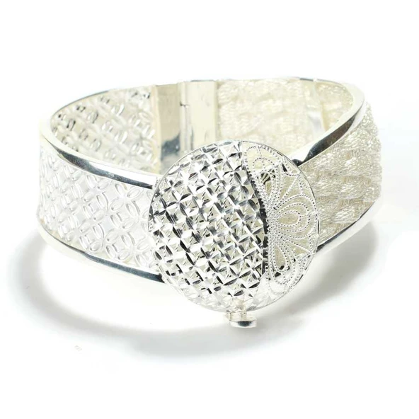 925 Ayar Gümüş Saç Örgüsü Tasarımı Telkari ve Kalem İşleme Kaşlı Bilezik ürün görseli