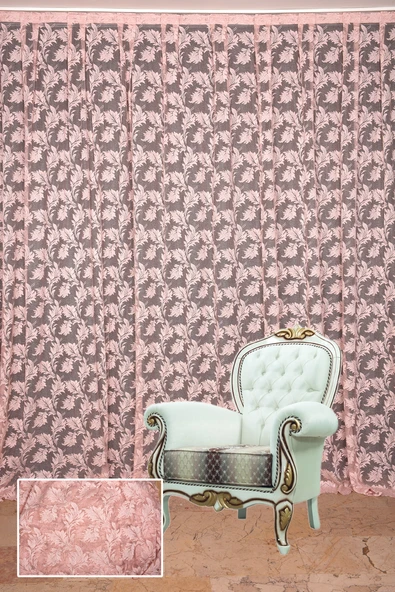 YAPRAK MODEL TÜL PUDRA RENK TEK KANAT Hazır Pileli Fon Perde 300*260 ürün görseli 1