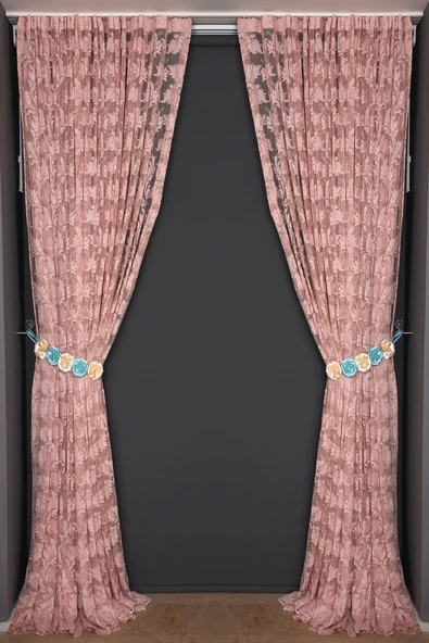 YAPRAK MODEL TÜL PUDRA RENK TEK KANAT Hazır Pileli Fon Perde 300*260 - Resim 7