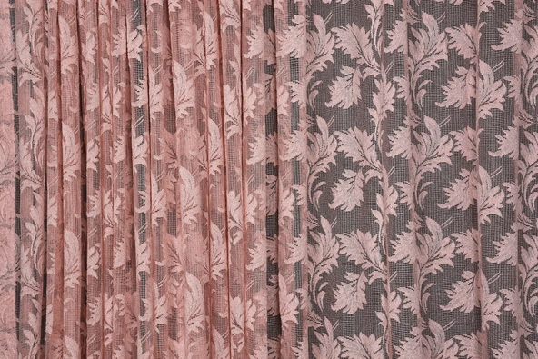 YAPRAK MODEL TÜL PUDRA RENK TEK KANAT Hazır Pileli Fon Perde 300*260 - Resim 3