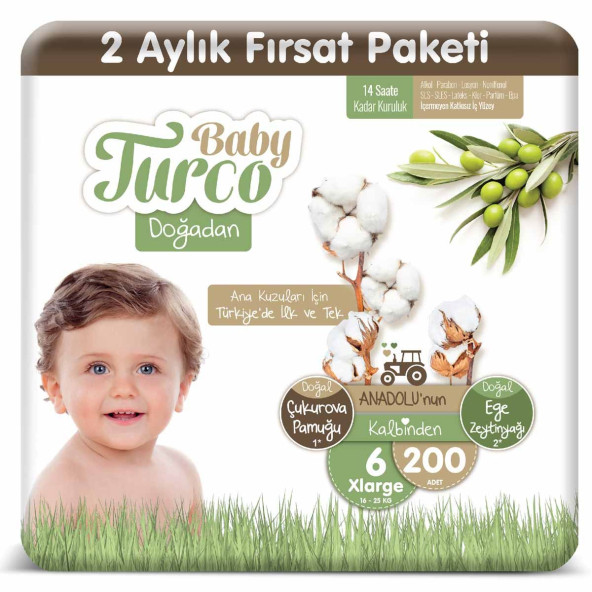 Baby Turco Doğadan 6 Numara X Large 200'lü Bebek Bezi