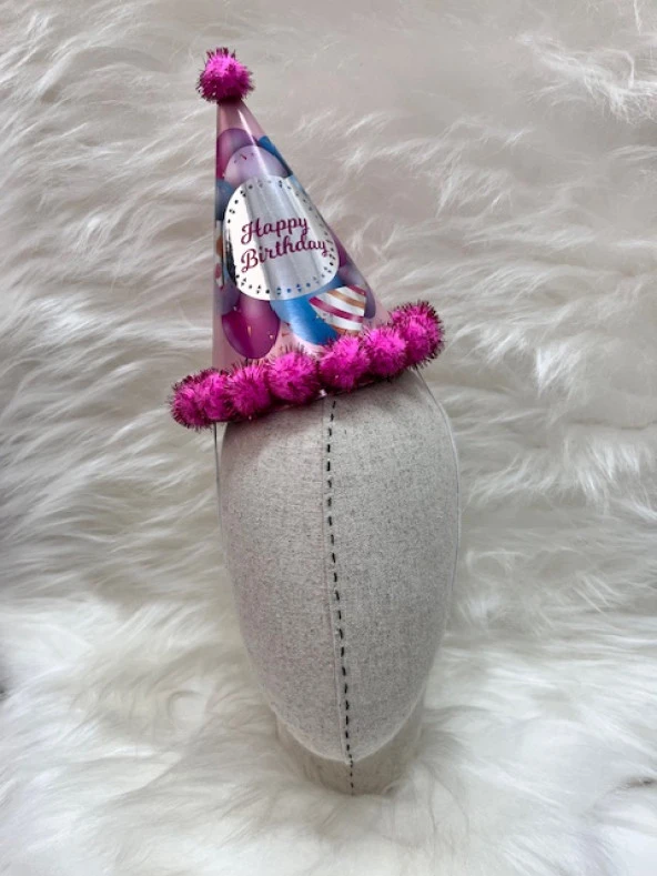 Happy Bırthday Yaldızlı Parti Şapka Fuşya Ponponlu 18 cm