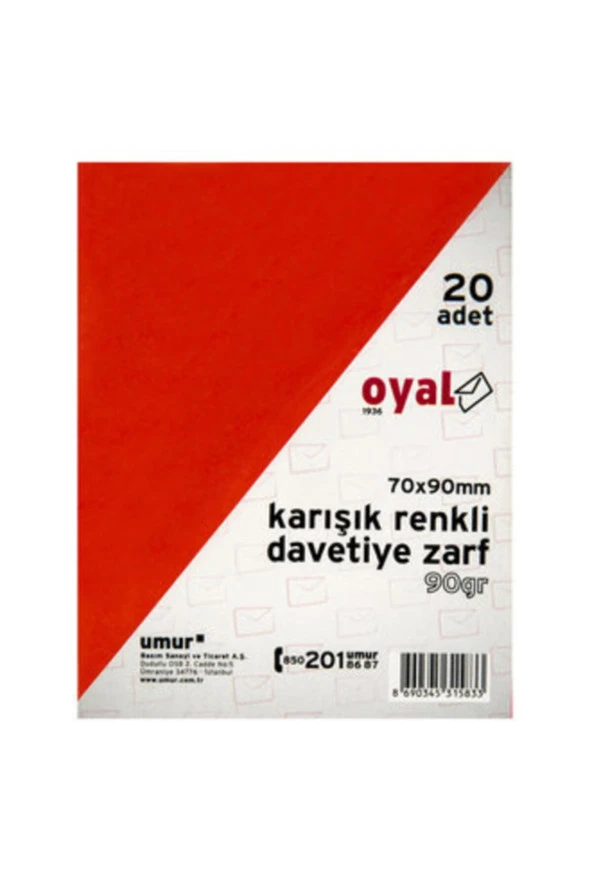 Oyal Karışık Renkli Davetiye Zarf 20'li 7x9 cm