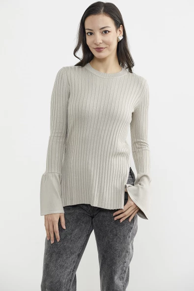 Kol Detaylı Derbili Triko Kazak - Vizon - Resim 2