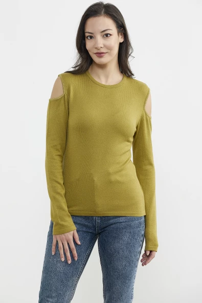 Omuzları Açık Basic Triko Kazak - Yeşil - Resim 2