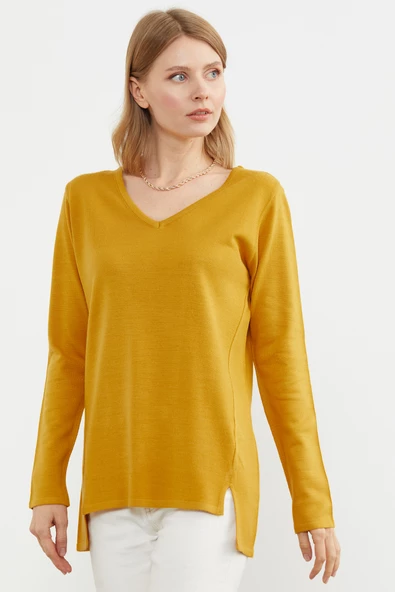 Arkası Uzun V Yaka Triko Kazak - Hardal - 3