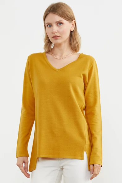 Arkası Uzun V Yaka Triko Kazak - Hardal - 4