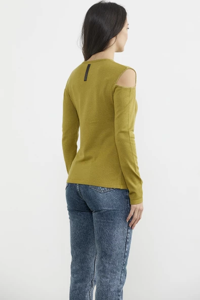 Omuzları Açık Basic Triko Kazak - Yeşil - Resim 4