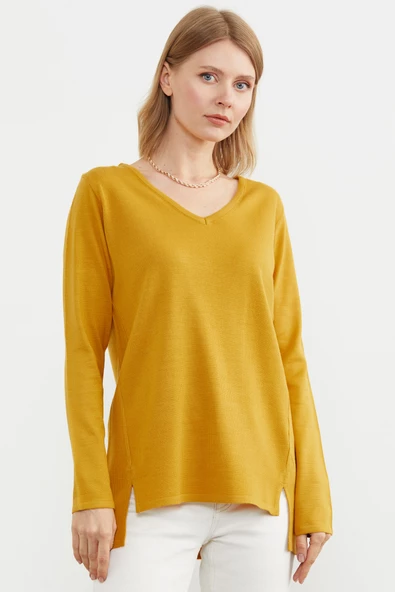 Arkası Uzun V Yaka Triko Kazak - Hardal