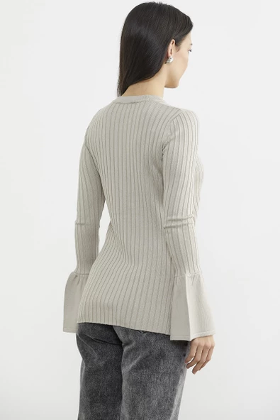 Kol Detaylı Derbili Triko Kazak - Vizon - Resim 5