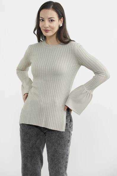 Kol Detaylı Derbili Triko Kazak - Vizon - Resim 4