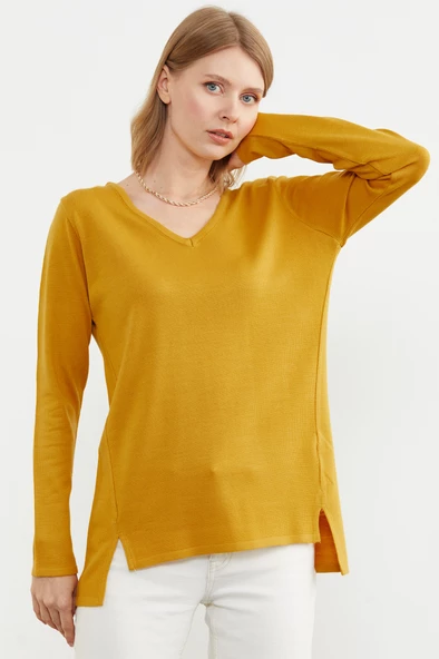 Arkası Uzun V Yaka Triko Kazak - Hardal - 2