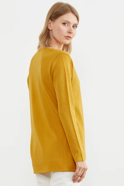 Arkası Uzun V Yaka Triko Kazak - Hardal - 5