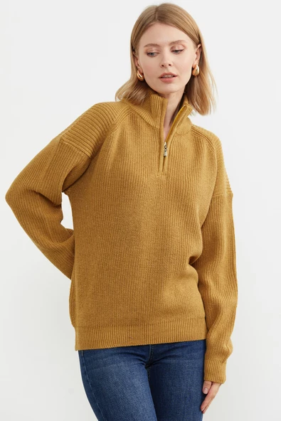 Yarım Balıkçı Yaka  Fermuarlı Yün Triko Kazak - Güneş - Resim 3