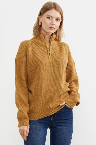 Yarım Balıkçı Yaka  Fermuarlı Yün Triko Kazak - Güneş - Resim 5