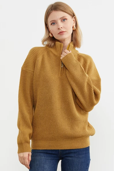 Yarım Balıkçı Yaka  Fermuarlı Yün Triko Kazak - Güneş - Resim 4