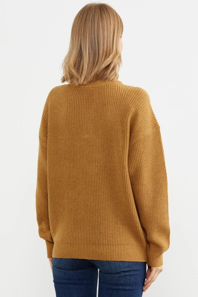 Yarım Balıkçı Yaka  Fermuarlı Yün Triko Kazak - Güneş - Resim 6