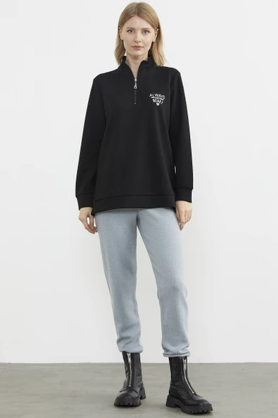 Dik Yaka Yarım Fermuarlı Sweatshirt - Siyah