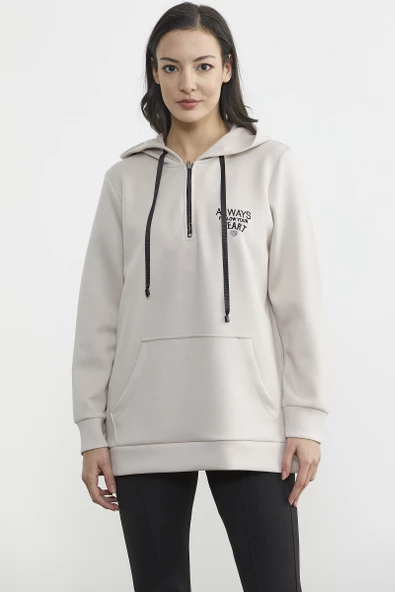 Yarım Fermuarlı Kapüşonlu Sweatshirt - Taş - 2