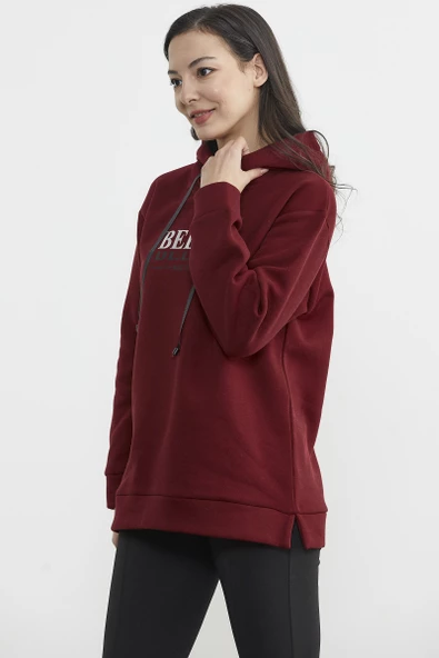 Kapüşonlu İçi Pamuklu Kalın Sweatshirt - Bordo - 4