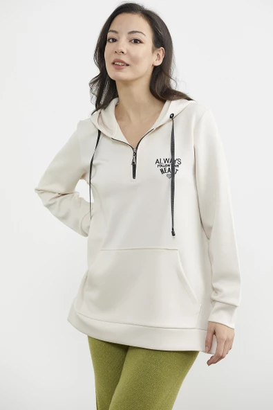 Yarım Fermuarlı Kapüşonlu Sweatshirt - Bej - 5