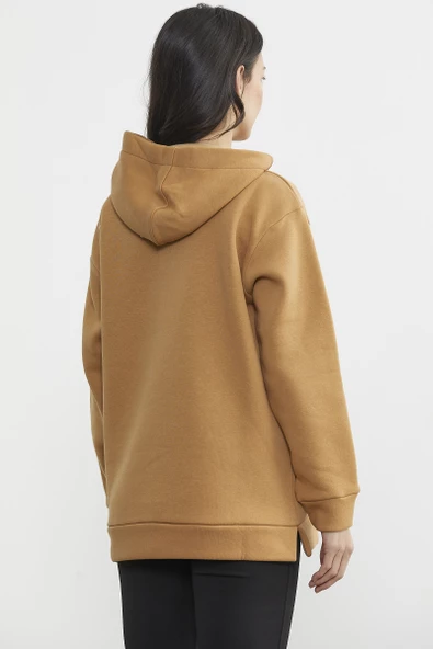 Kapüşonlu İçi Pamuklu Kalın Sweatshirt - Kamel - 5