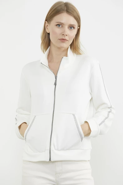 Dik Yaka Bomber Sweat Ceket - Ekru