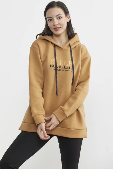 Kapüşonlu İçi Pamuklu Kalın Sweatshirt - Kamel - 4
