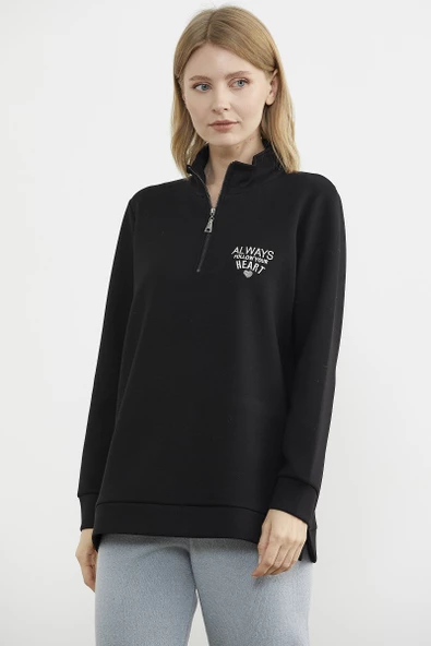Dik Yaka Yarım Fermuarlı Sweatshirt - Siyah - 5