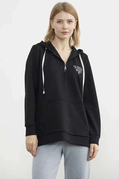Yarım Fermuarlı Kapüşonlu Sweatshirt - Siyah