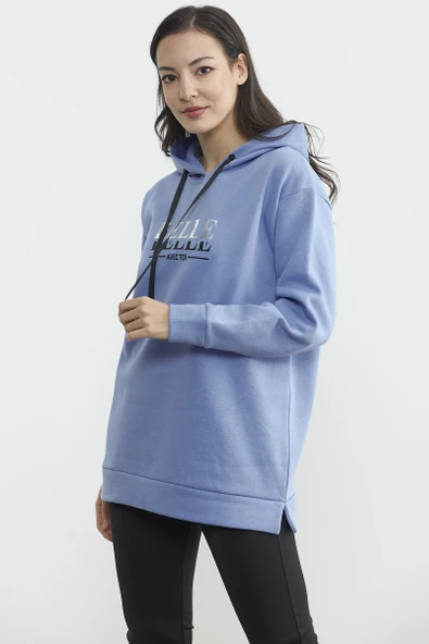Kapüşonlu İçi Pamuklu Kalın Sweatshirt - Mavi - 2