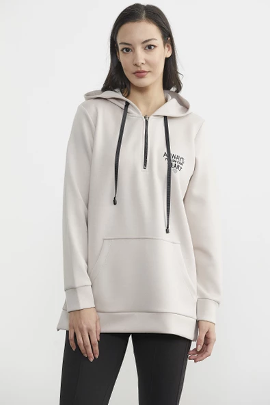 Yarım Fermuarlı Kapüşonlu Sweatshirt - Taş - 3