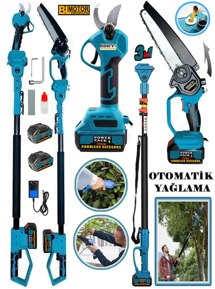 Eisenn German 3 Lü Set Blue Zincirli Otomatik Yağ Pompalı Dal Kesme + Akülü Budama Makası + Teleskop Hediye