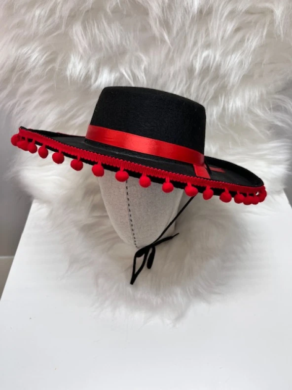 İspanyol Şapka Kırmızı Ponponlu Siyah Renk 53x54 cm ürün görseli 1