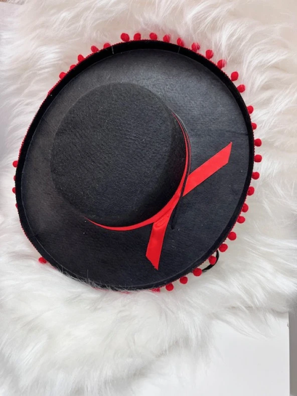 İspanyol Şapka Kırmızı Ponponlu Siyah Renk 53x54 cm - Resim 2