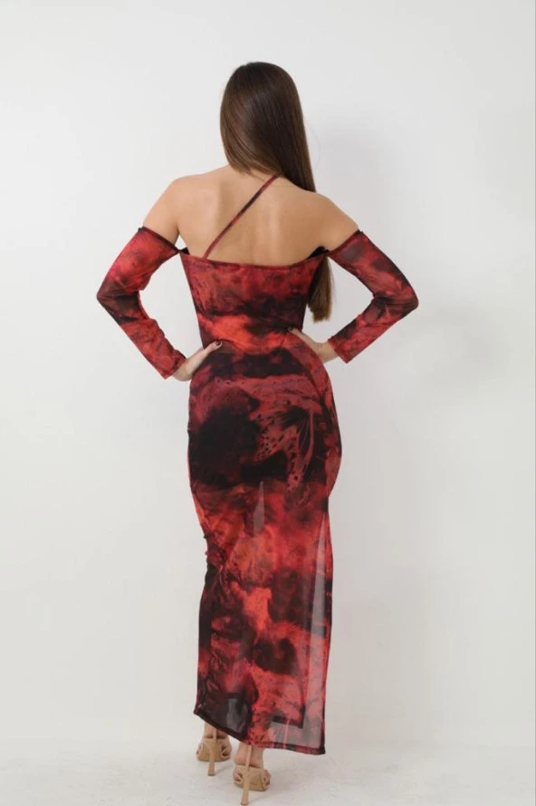 Düşük Kol Detaylı Desenli Midi Boy Tül Elbise - Resim 8